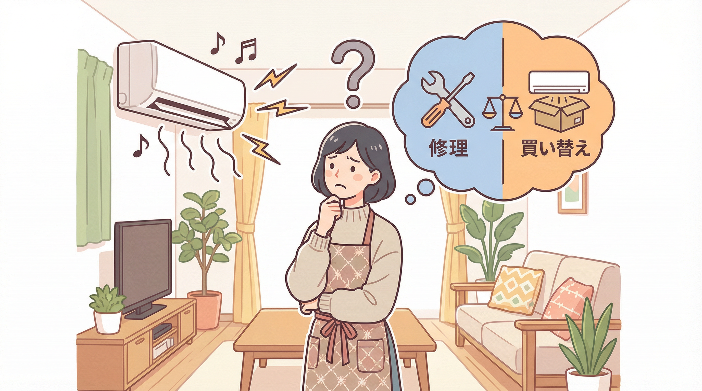 「修理？買い替え？」と悩んでいる女性